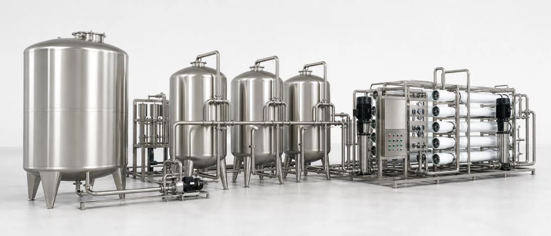 Representative stainless-steel water treatment and reverse-osmosis equipment train