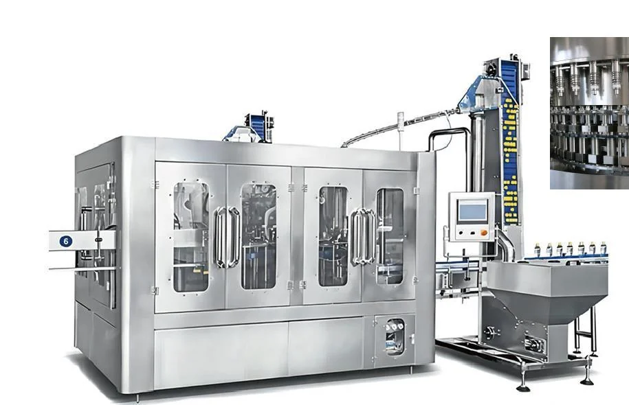 Representative bottled-water rinsing filling capping monoblock with bottle conveyors